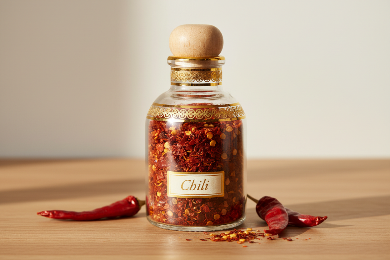 Chili in Glasflasche mit Goldrand