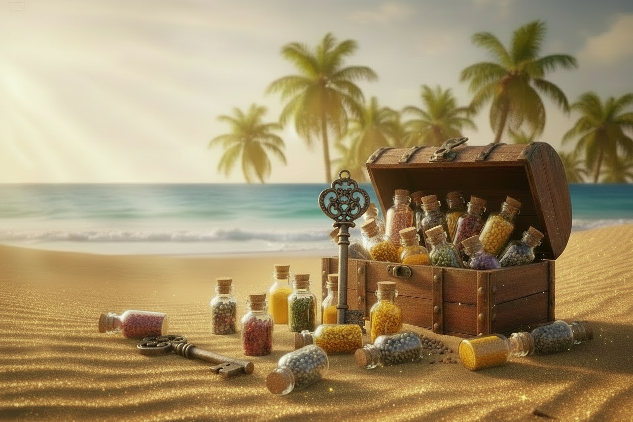 Gewürz-Schatztruhen-Banner mit Schlüssel mittig erhöht