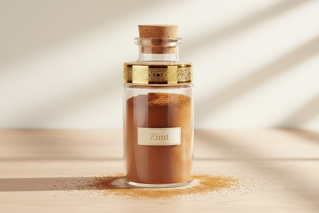 Zimt gemahlen in Glasflasche mit Goldrand